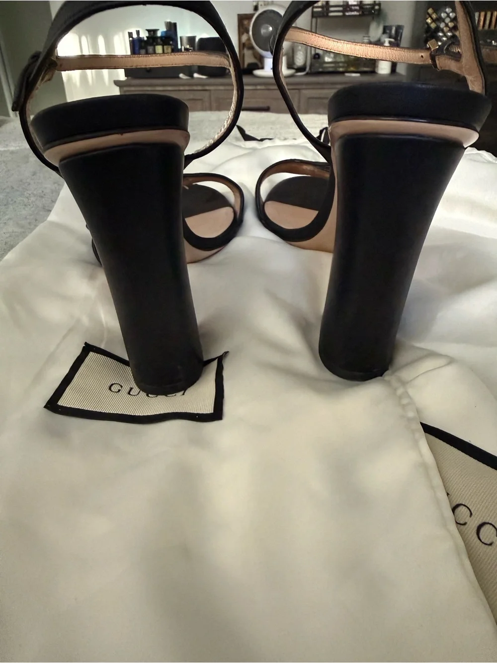 Gucci Black Leather Block Heel Sandals with Gold GG Hardware